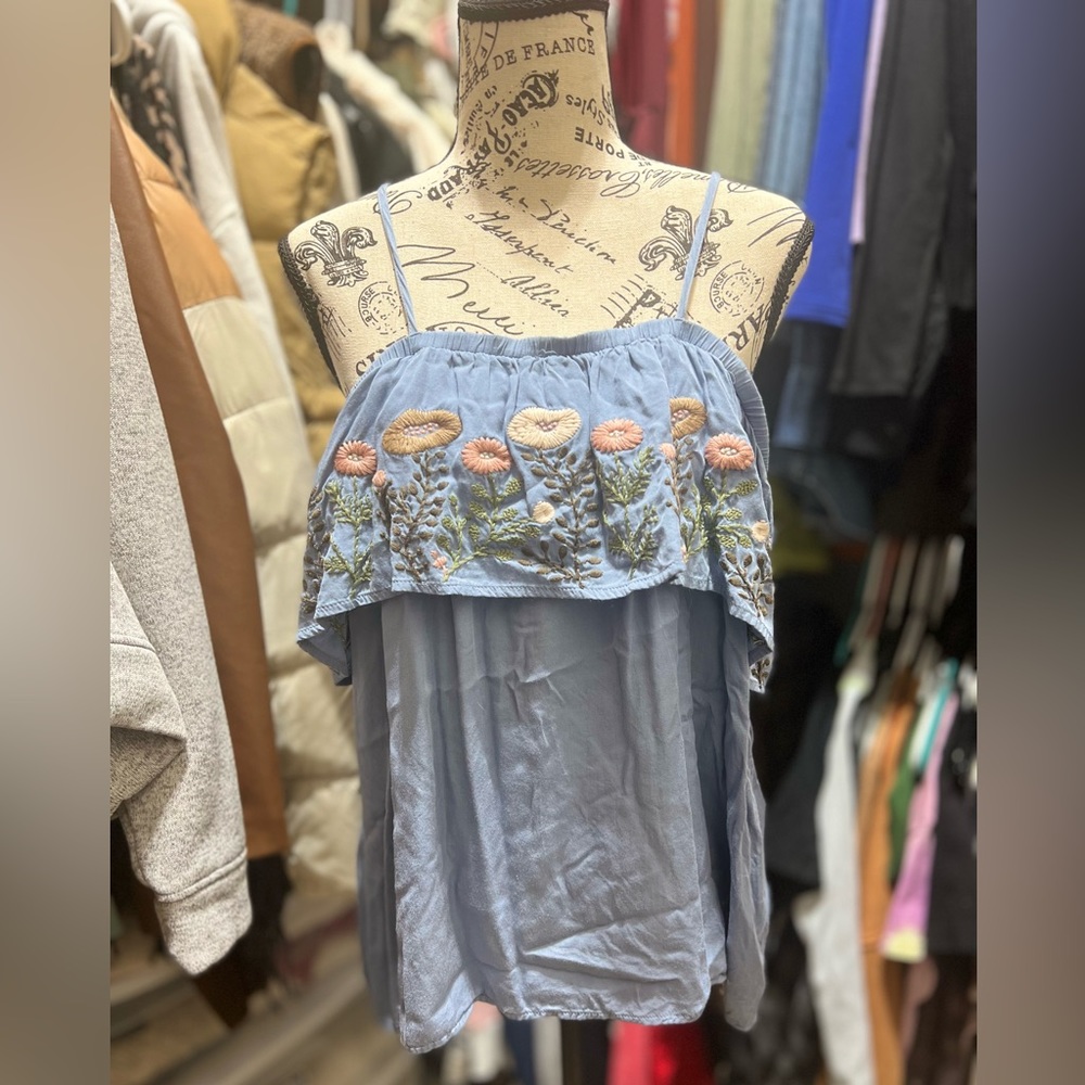 Blue floral, off the shoulder, spaghetti strap blouse